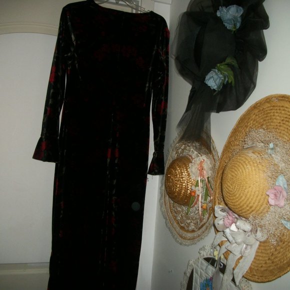 ROMANCE ROSES VINTAGE STRETCH VELVETEEN ROSES STEAMPUNK DRESS M - Picture 4 of 5